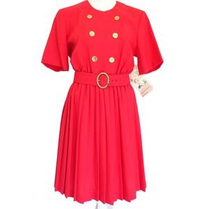 80s Vintage Rhodes Collection Red Midi Belted Dress Pleated New With Tags Size M